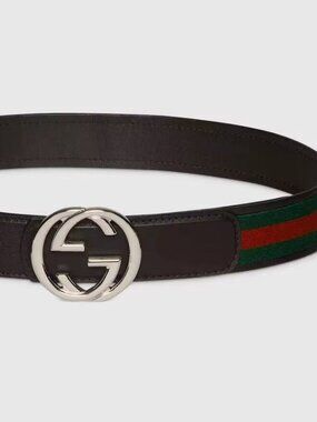 Gucci Black Leather Belt with Red & Green Web Stripe and Silver Double G Buckle